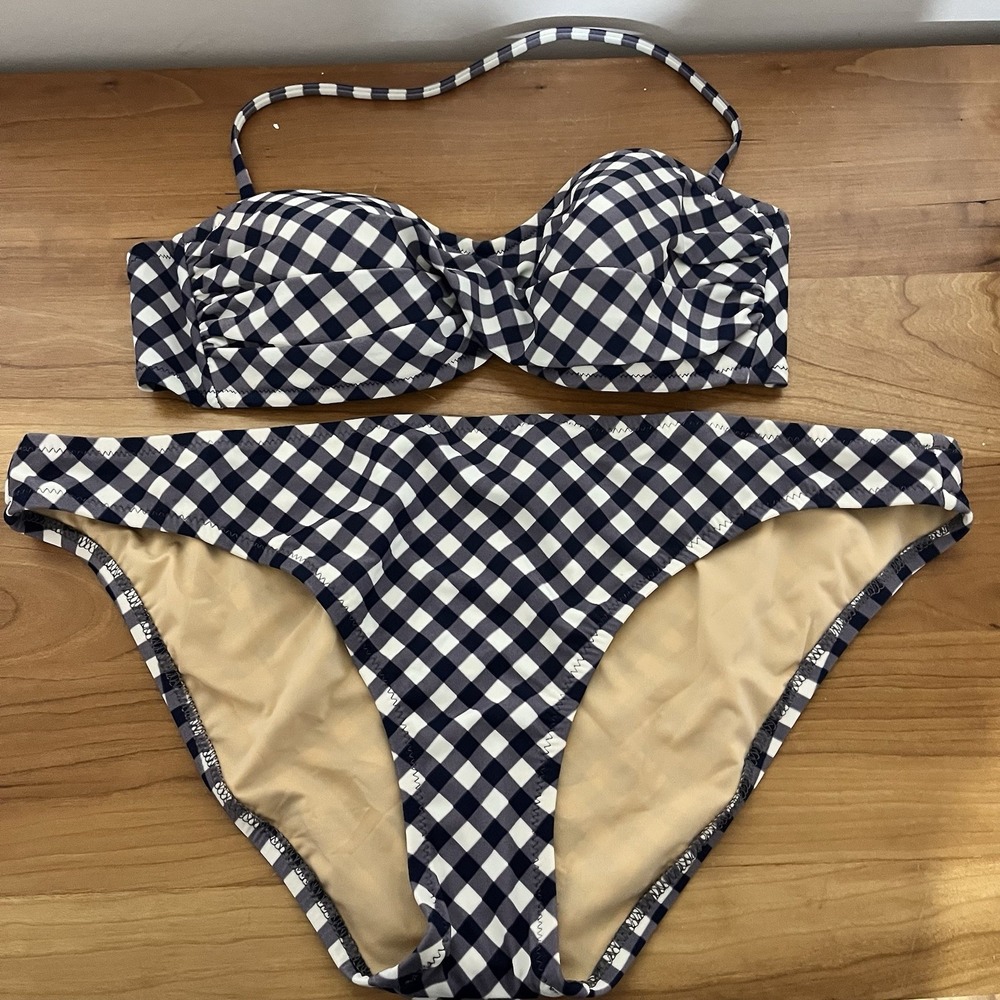 J. Crew Women's Navy Blue & White‎ Gingham Bikini Size Small Top Large Bottoms
